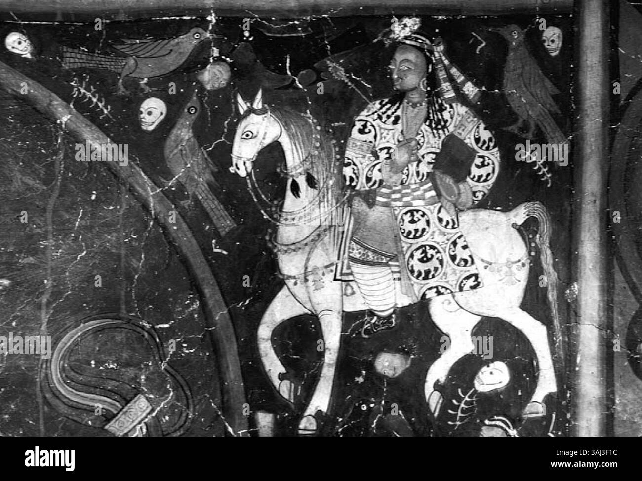 A mural from Alchi depicting a noble horse rider on the entrance wall of a du khang (temple). Dating from the 12th-13th century, this work is a significant example of West Tibetan art. Stock Photo