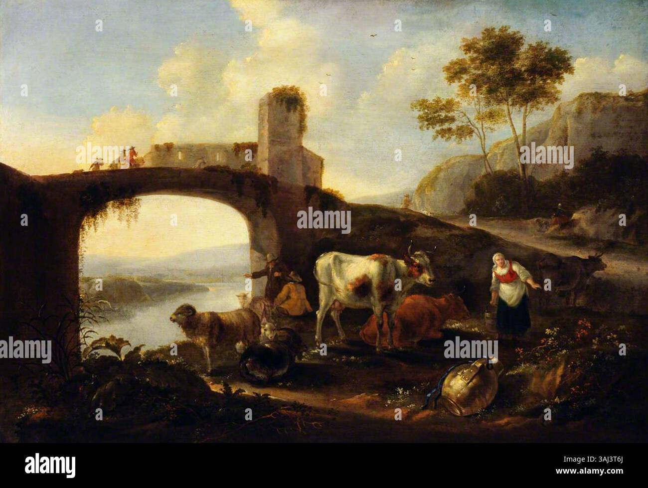 This 17th-century landscape, in the style of Aelbert Cuyp, depicts an Italianate scene with classical elements and serene nature. Stock Photo