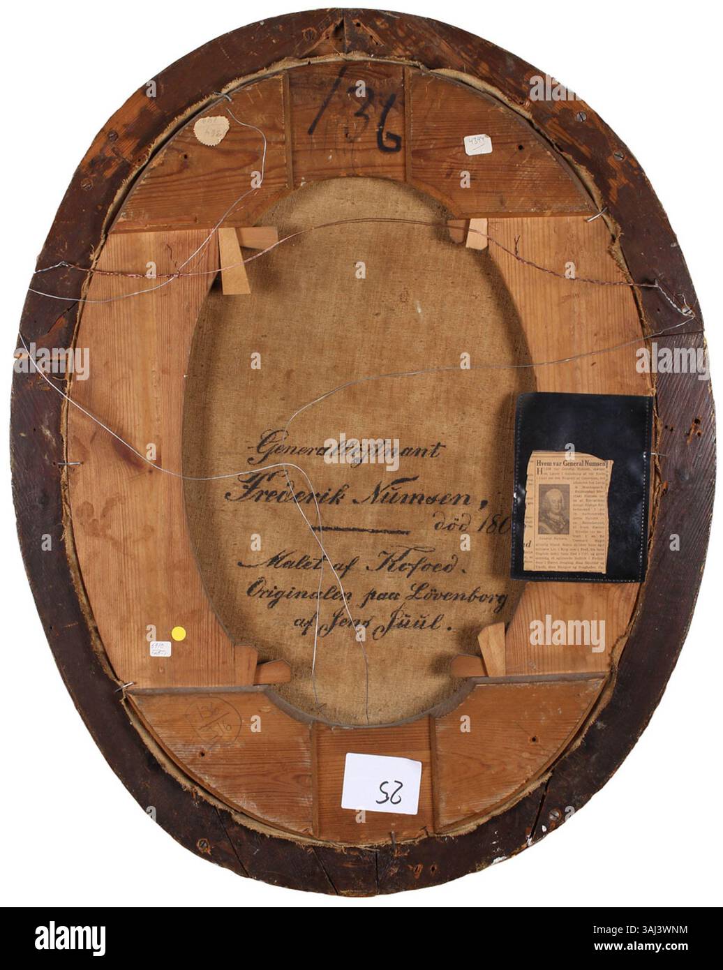 The reverse side of the portrait of Frederik Numsen painted by Herman Koefoed features an inscription and additional details about the painting’s provenance. The reverse adds context to the artist’s work and the portrait's historical background. Stock Photo
