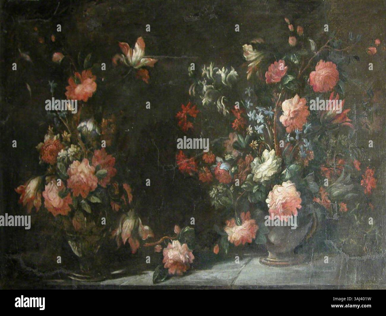 A still life painting featuring two jugs with flowers and insects ...