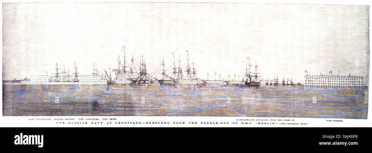 Illustration depicting the Russian Navy at Cronstadt during the Crimean War. The scene shows Fort Constantine, Citadel Battery, Fort Alexander, Fort Peter, a frigate, gun-boats, and Fort Risbank, sketched from the paddle-box of HMS Merlin on 14 July 1855. This wood engraving was featured in The Illustrated London News, page 36, and details the ongoing war in Crimea. Stock Photo