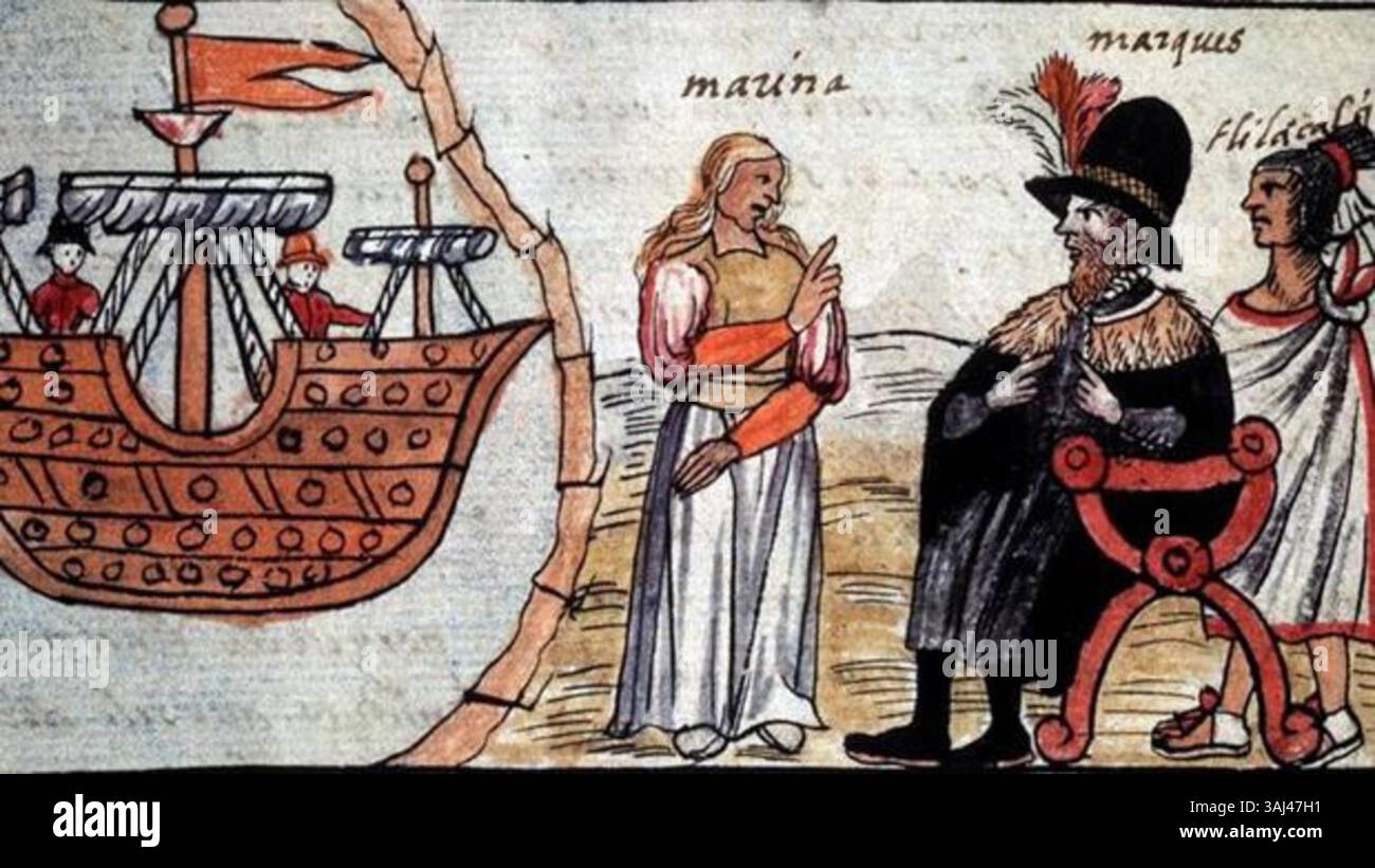 This 1576 drawing from the Durán Codex illustrates Hernán Cortés and La Malinche in Mexico-Tenochtitlan, offering a glimpse into the early Spanish conquest of the Aztec Empire. Stock Photo