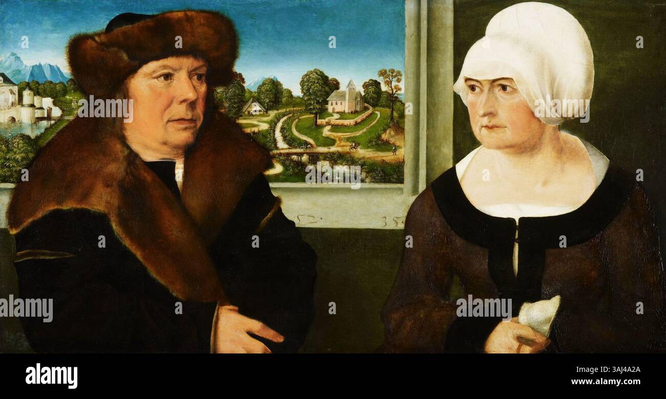 Attributed to Ulrich Apt the Elder and his workshop, this 1512 painting portrays a man and his wife in a formal, dignified portrait. The oil on canvas captures their status and the era’s characteristic fashion. Stock Photo