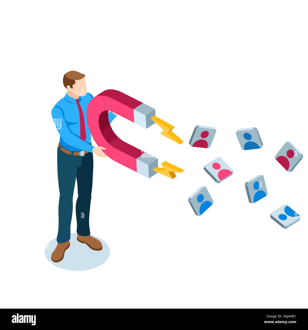 isometric business man with a magnet attracts subscribers, in color on a white background, social management and attracting subscribers or customers Stock Vector