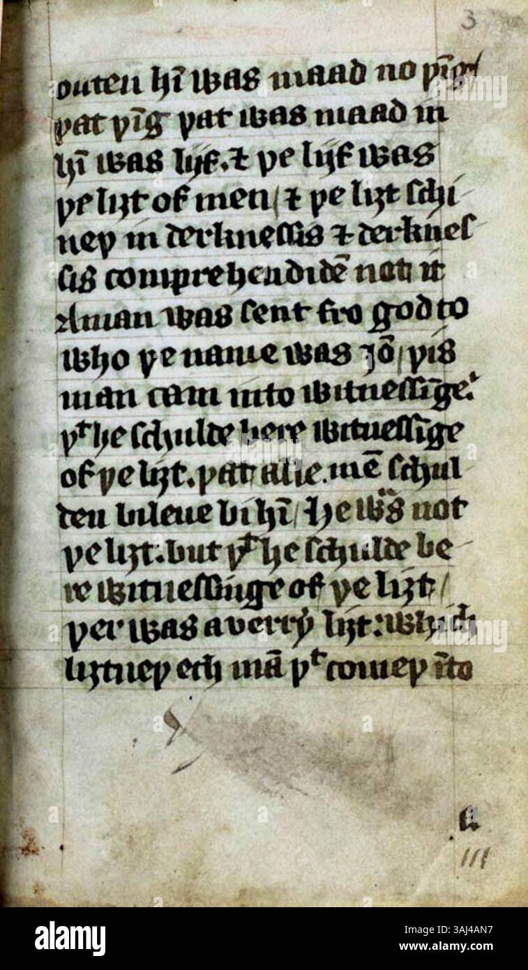 This page from Wycliffe's Bible, manuscript MS Hunter 191 (T.8.21), folio 3r, features early English script. The manuscript, attributed to John Wycliffe, is one of the first translations of the Bible into English, marking an important moment in religious and linguistic history. Stock Photo