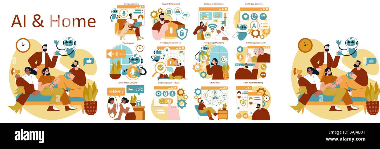 AI and home integration offers benefits like automation, security enhancement, health monitoring, and energy management. It creates a comfortable living space with advanced technology for everyday convenience. Stock Vector