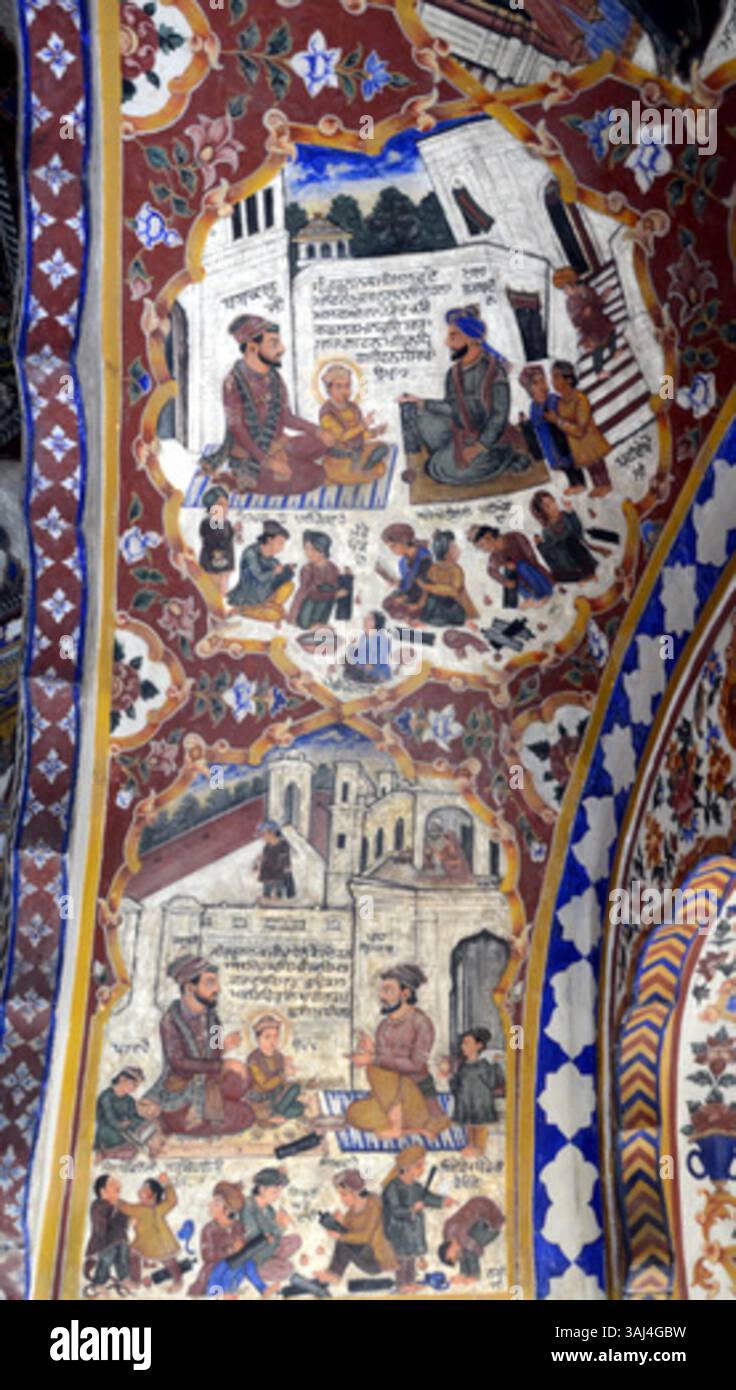 This mural shows a young Guru Nanak beginning his education at the age ...