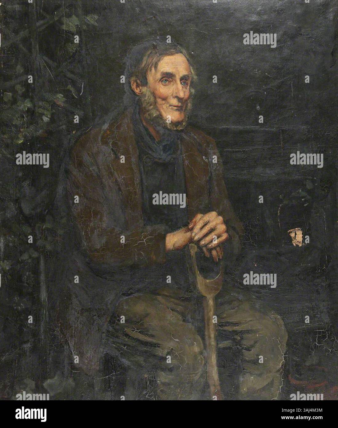 An oil on canvas painting depicting an elderly garden laborer, possibly ...