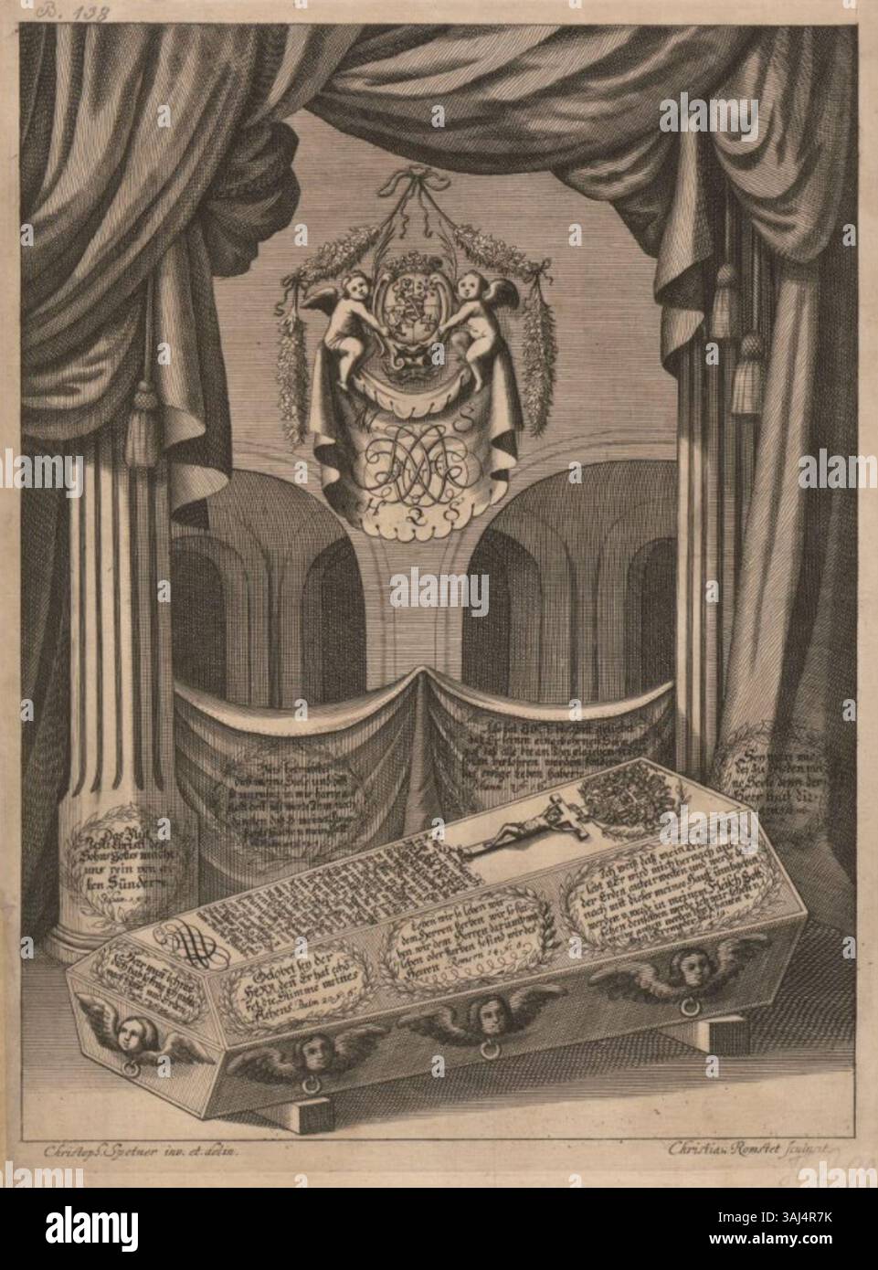 The engraving depicts the coffin of Duchess Magdalena Sophia of Saxe ...
