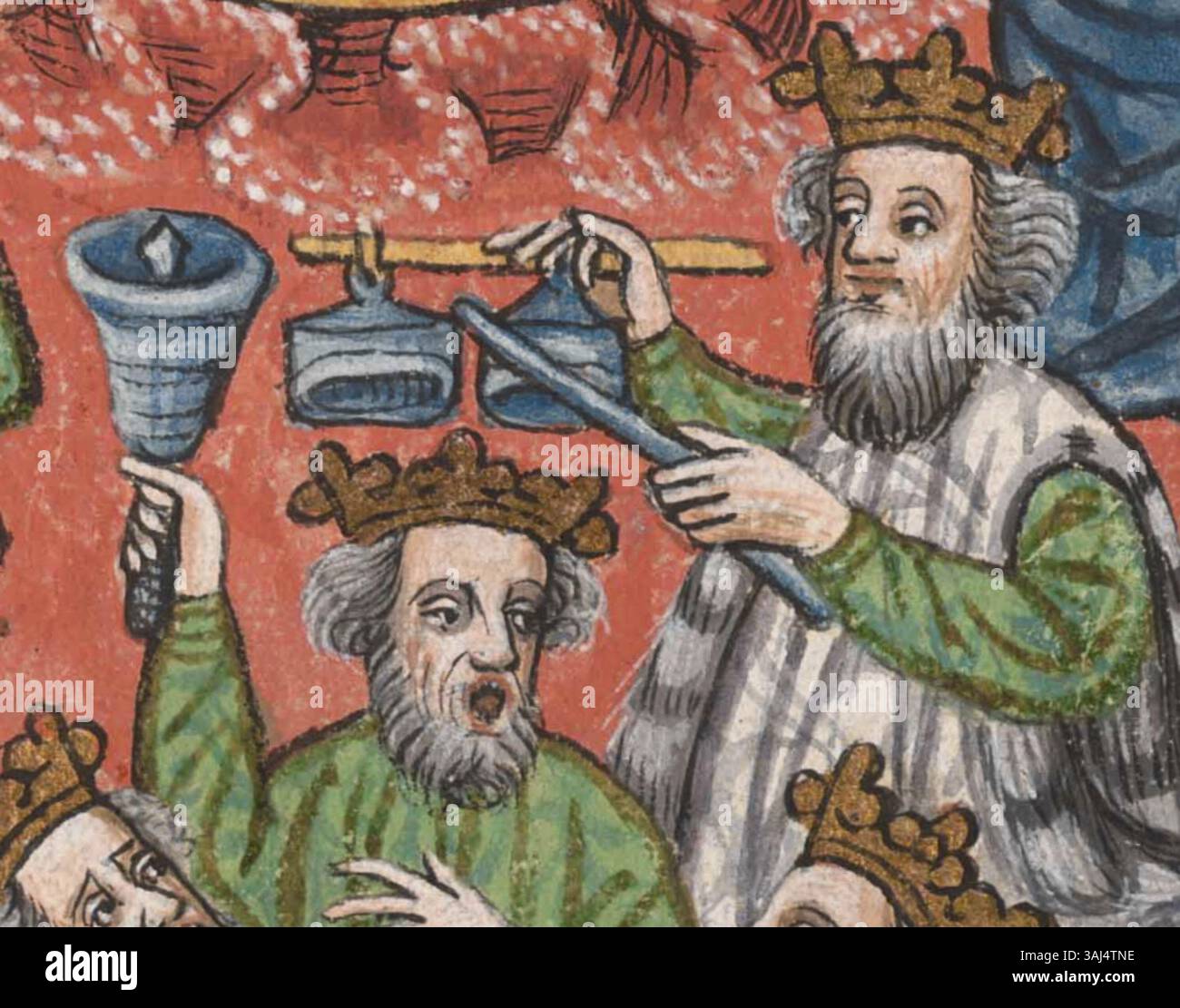 The illustration depicts chimes and a handbell from the manuscript 'Die 24 Alten' (The 24 Elders), dating from 1448. These medieval instruments are part of the collection at the Coburg State Library, reflecting early musical traditions. Stock Photo