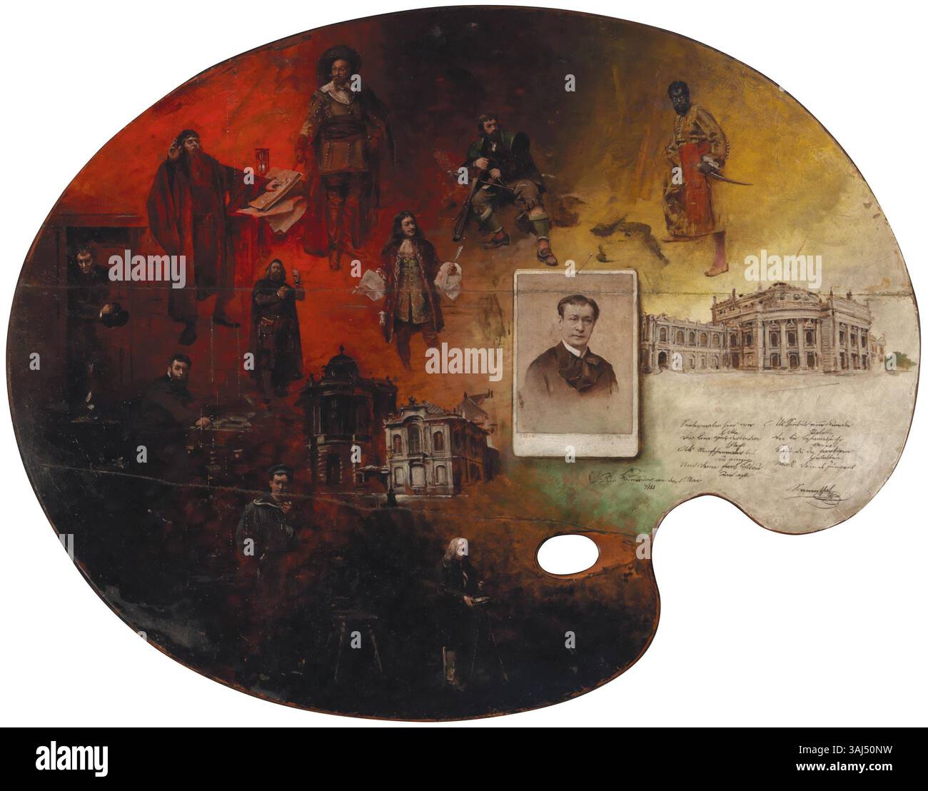 This circa 1888 trompe-l'oeil painting depicts a palette featuring a ...