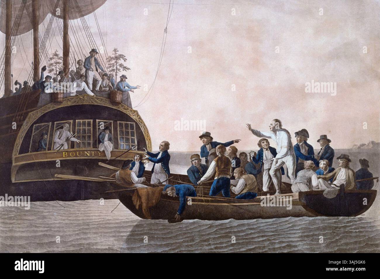 This print by Robert Dodd depicts the famous mutiny on the HMS Bounty in 1789, showing mutineers casting Lieutenant Bligh and several officers and crew adrift. The event occurred on April 29, 1789, and this hand-colored aquatint captures a pivotal moment in maritime history. Stock Photo