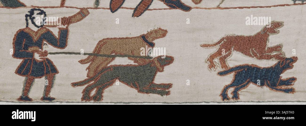 This scene from the Bayeux Tapestry depicts a hunter with dogs, blowing ...