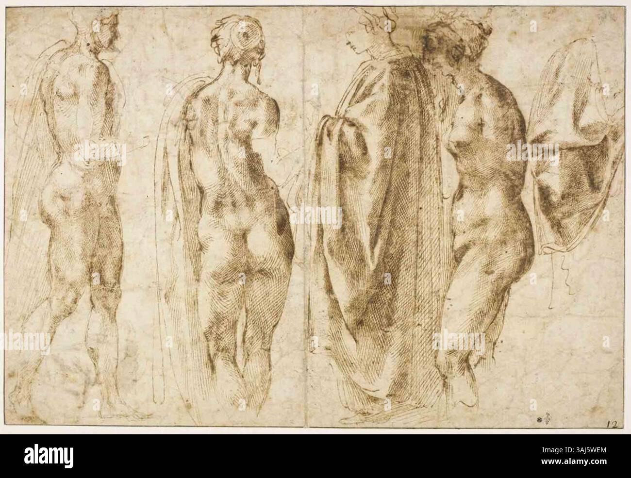 This Michelangelo drawing from the 16th century showcases four standing ...