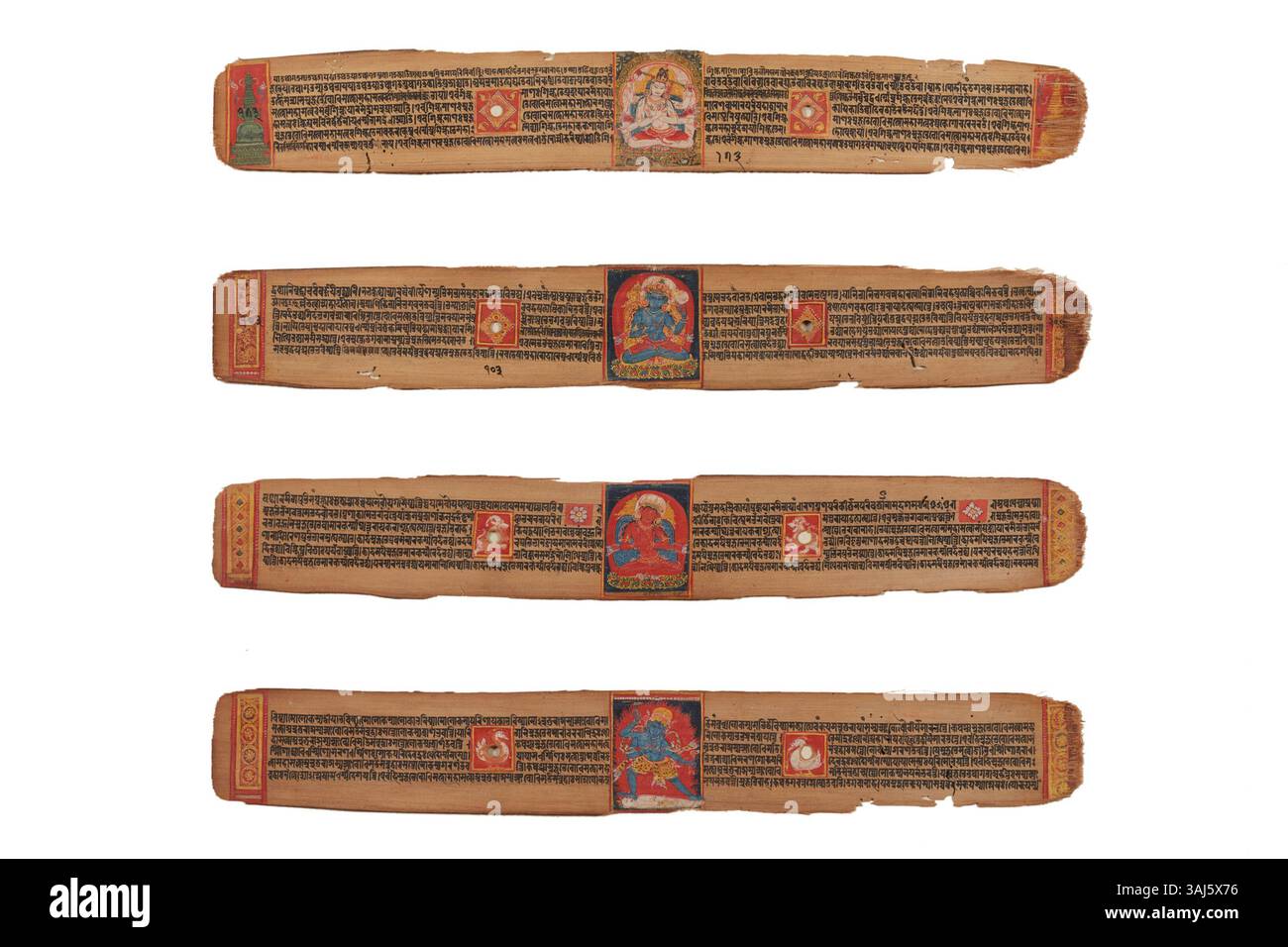 Four Leaves from an Ashtasahasrika Prajnaparamita Manuscript, circa 1151–1200. Depicts the bodhisattva Manjushri, goddess Prajnaparamita, goddess Tara, and a wrathful Dharmapala, protecting the Buddhist doctrine. Stock Photo