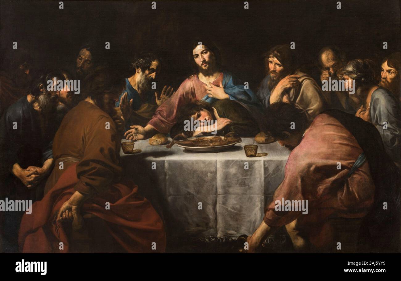 Valentin de Boulogne's 1625-1626 oil painting 'The Last Supper' depicts Christ and his disciples at the moment of the Passover. Boulogne’s dramatic use of light and shadow is a hallmark of his Baroque style. Stock Photo