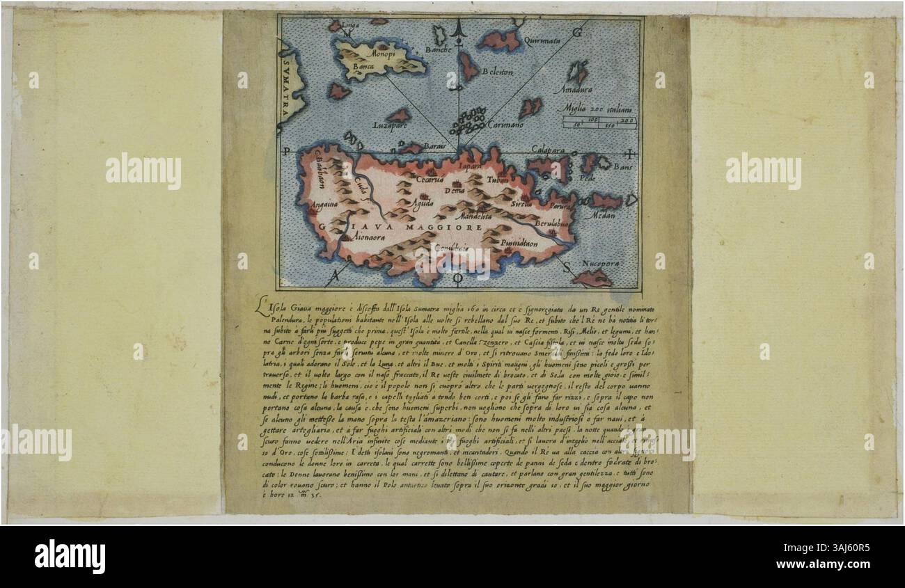 A 1570 map depicting the island of Java, with marked cities and ...