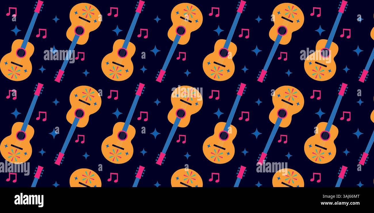 Seamless repeating pattern of mexican guitars on dark background. Stock Vector