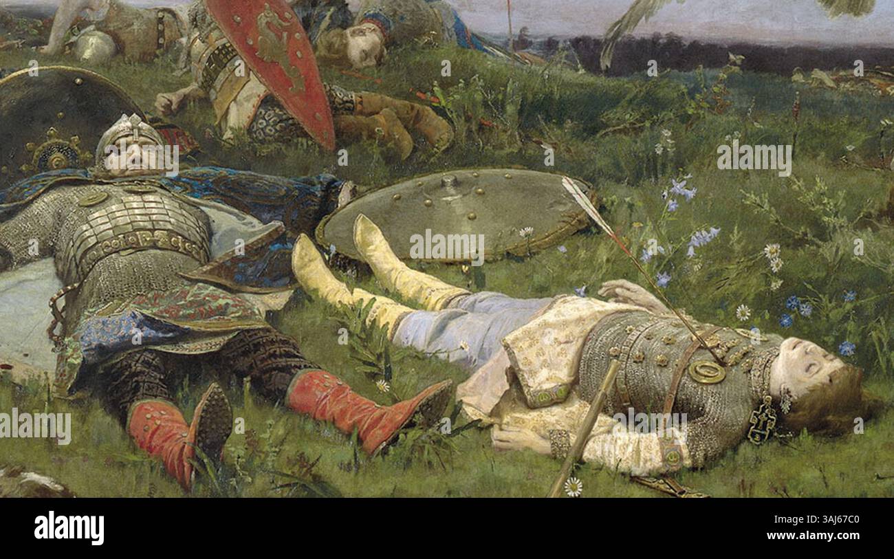 After Prince Igor's Battle, a detailed painting by Viktor Vasnetsov, illustrates the aftermath of Prince Igor's conflict with the Cumans. The artwork vividly captures the emotions and chaos following the battle, showcasing the historical significance of the event. Stock Photo