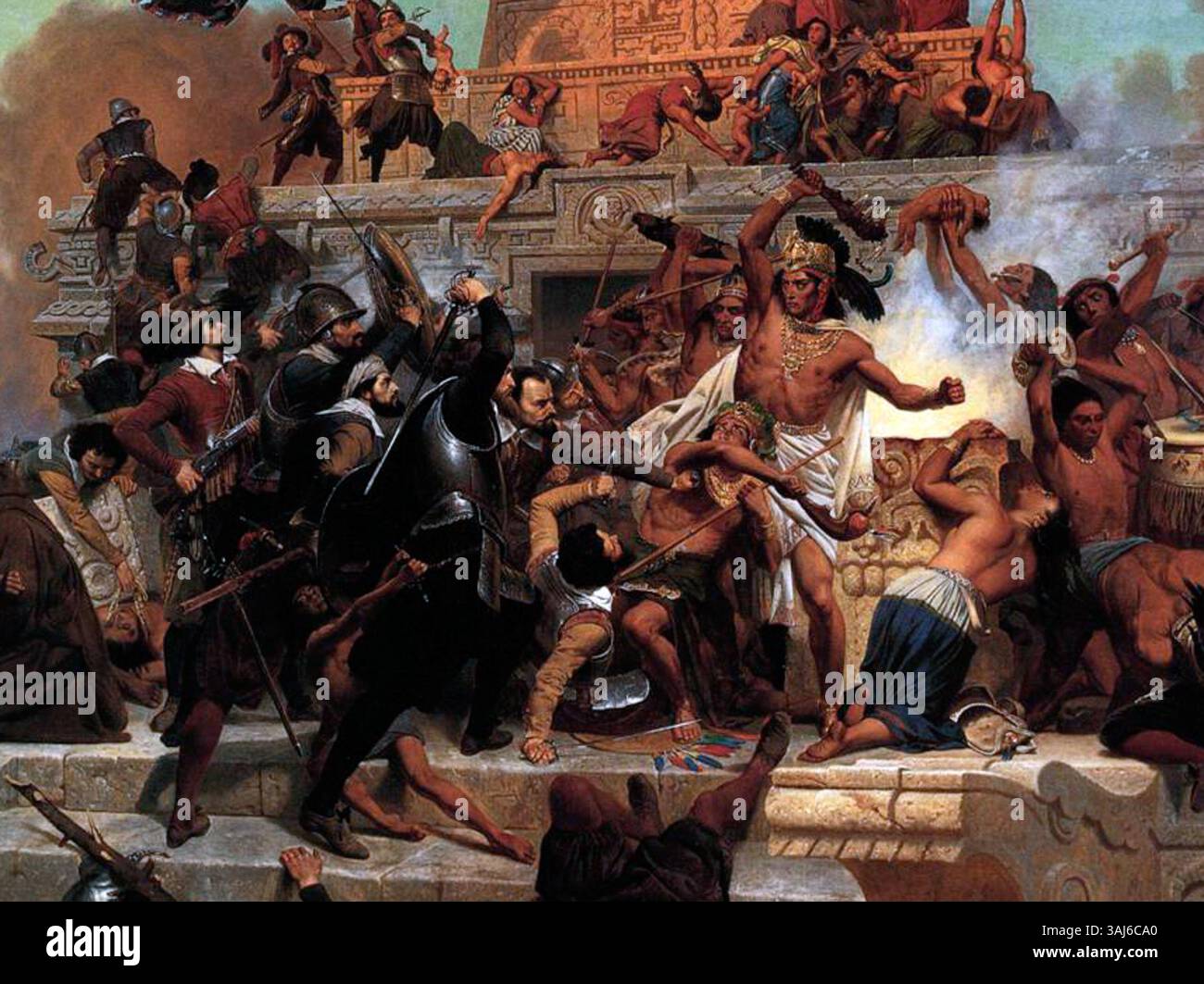 Emanuel Leutze’s 1848 painting 'Storming of the Teocalli by Cortez and His Troops' depicts the Spanish conquest of the Aztec Empire, showing the violent encounter at Tenochtitlan in June 1520. Stock Photo