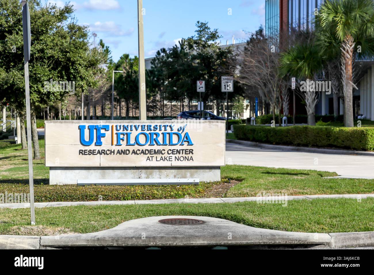Orlando, Florida, USA- February 9, 2020:  Sign of UF Academic Center at Lake Nona Campus in Orlando, Florida, USA. Stock Photo