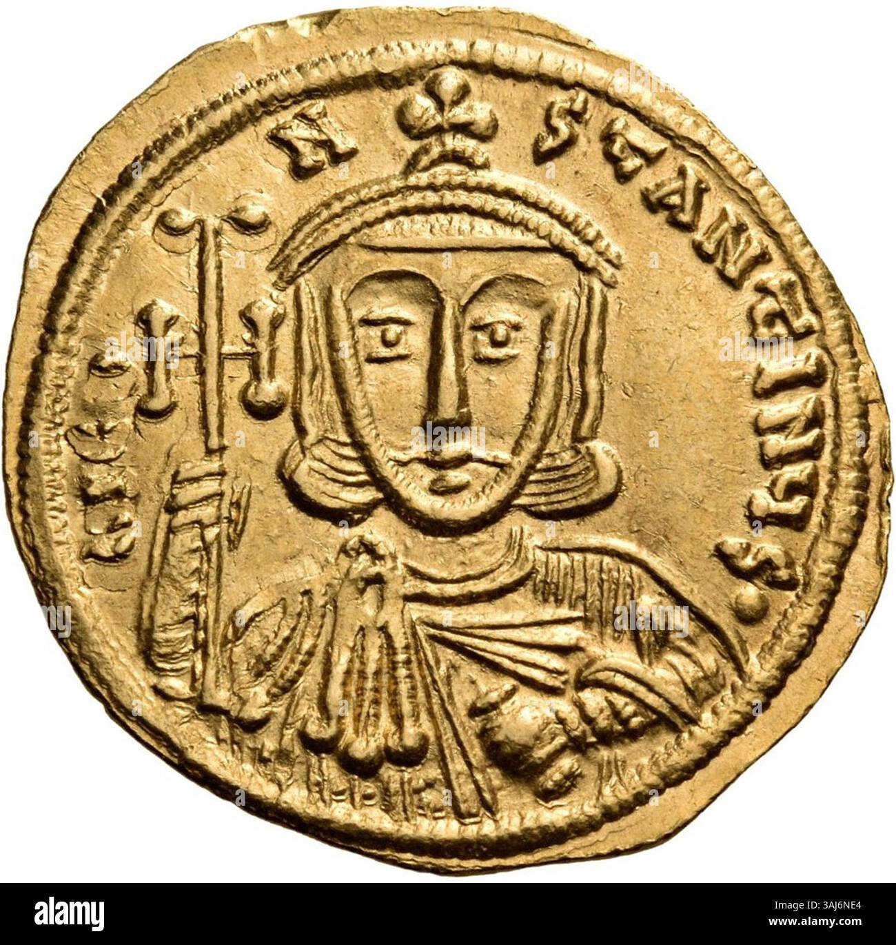 This cropped depiction of a solidus coin from Constantine V shows the ...