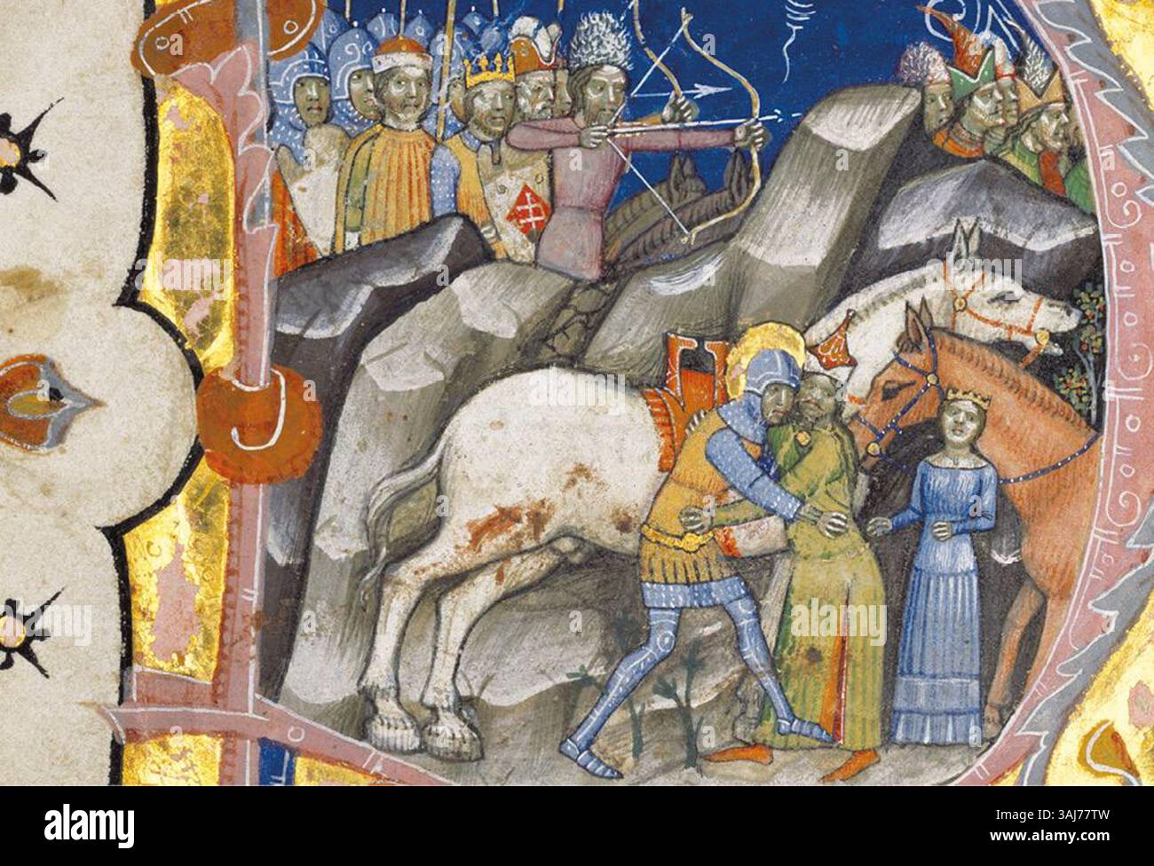 This image from the 'Chronicon Pictum' depicts Prince Ladislaus of Hungary engaged in battle with a Cuman warrior who has kidnapped a girl. The battle scene shows Ladislaus with a halo, fighting the Cuman, with the kidnapped girl in the background, and Hungarian soldiers in pursuit of the Cuman in the distance. Stock Photo