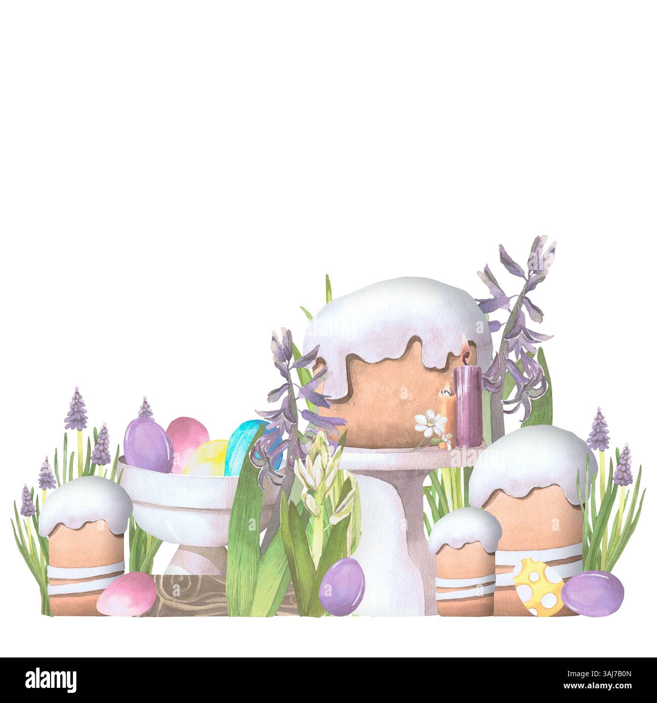 Composition of spring flowers with eggs and Easter cake watercolor ...