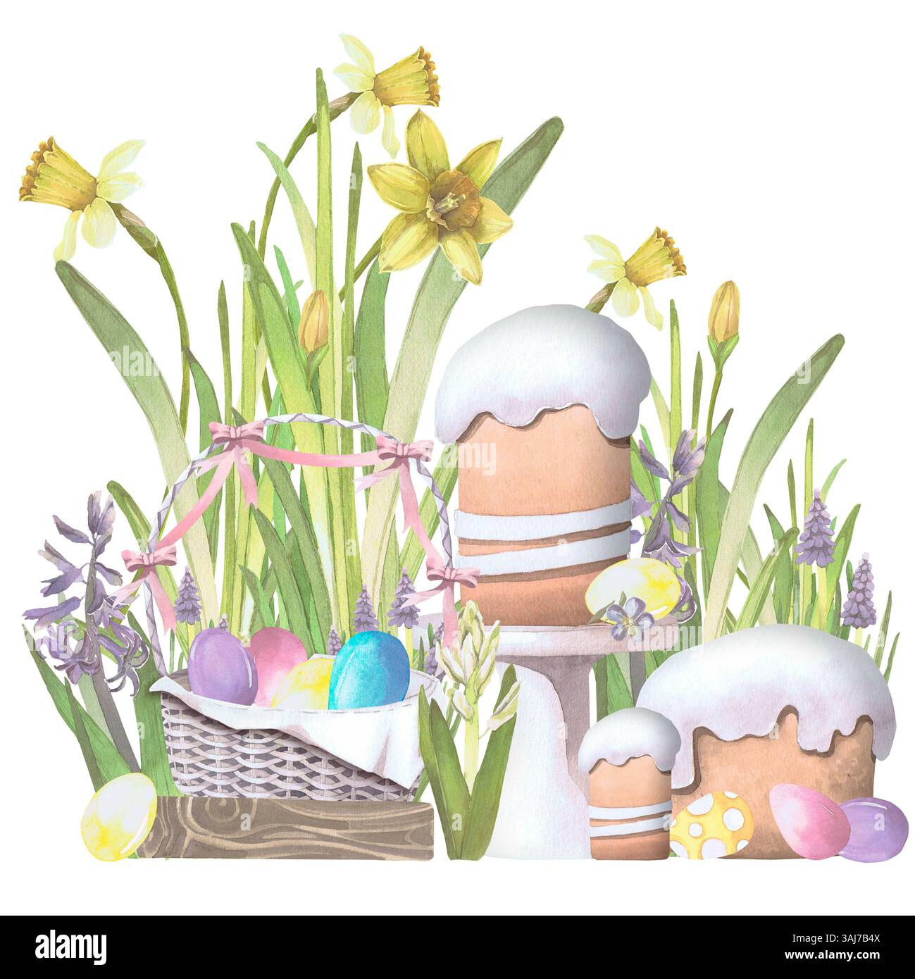 Composition of spring flowers with eggs and Easter cake watercolor ...