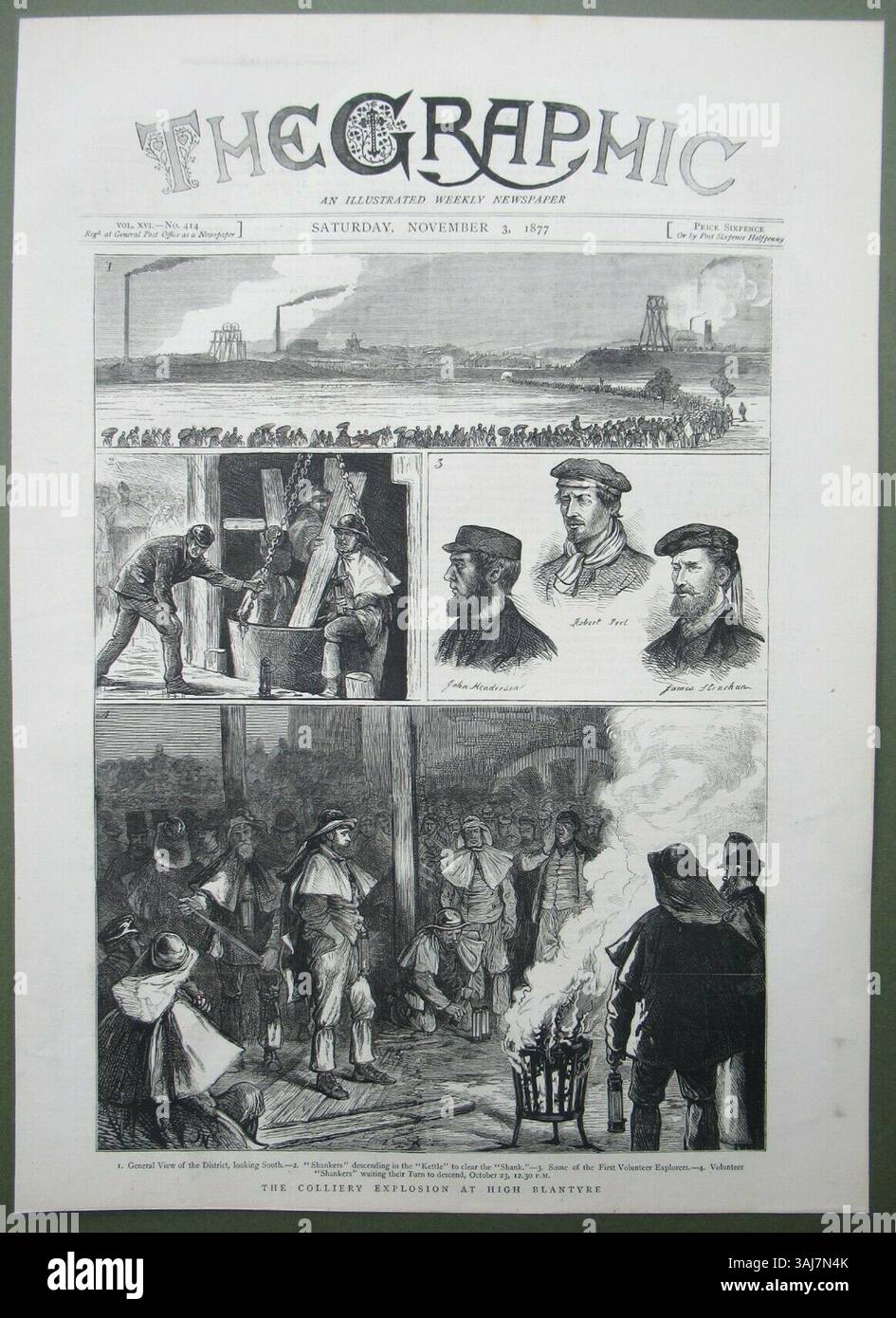 An illustration from The Graphic, depicting the Colliery Explosion at High Blantyre on November 3, 1877. The explosion resulted in the deaths of many miners in Scotland. Stock Photo