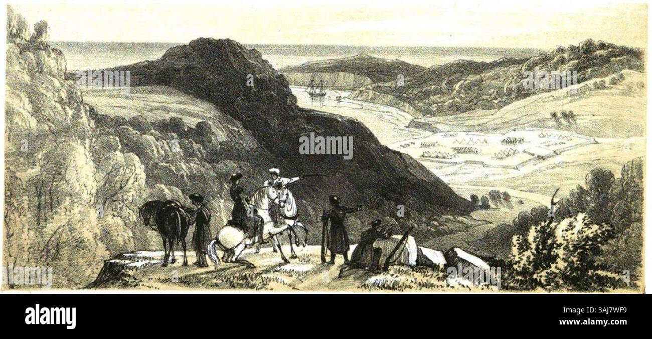 This painting by James Stanislaus Bell depicts the 1839 siege of Velyaminovskoe on the Circassian Coast, where Circassian forces led by Qizbech Schereliqwe attacked the Russian fortress. The event was a key moment in the conflict between the Circassians and the Russian Empire during the 19th century. Stock Photo