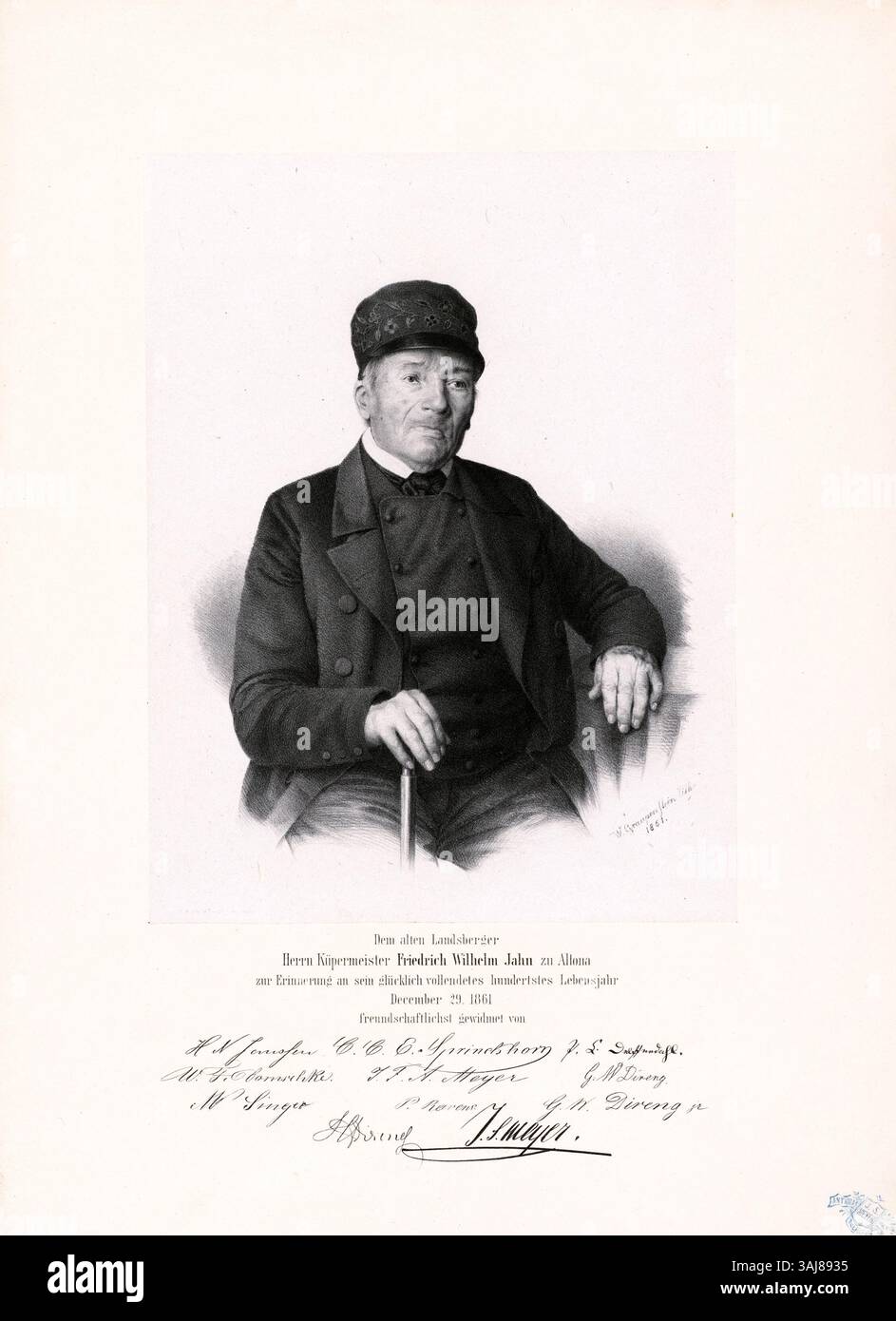 This 1861 portrait of Friedrich Wilhelm Jahn, created by Friedrich Wilhelm Graupenstein, reflects Jahn’s importance in the development of German physical education, portrayed as an intellectual and scholarly figure. Stock Photo