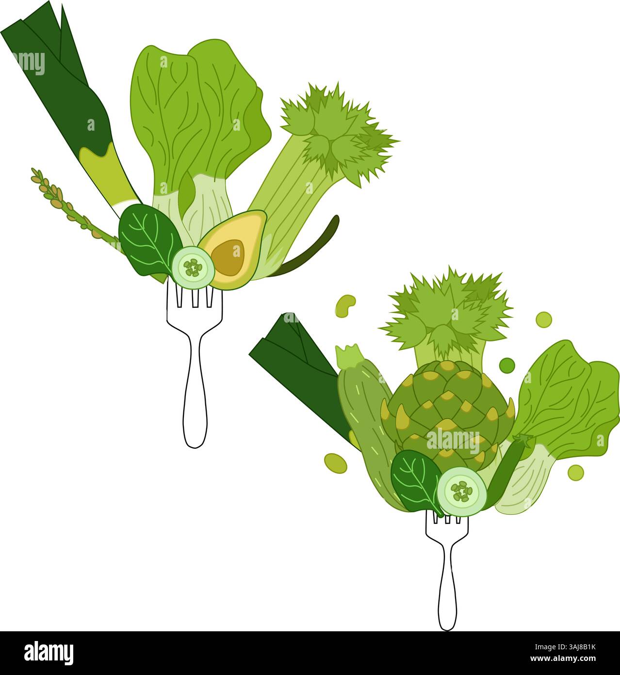 Vegan Food green veggies on fork. Flat vector composition set. Healthy Eating And Plant Based Diet. Vegetarian Nutrition Concept. For logo, web, packa Stock Vector