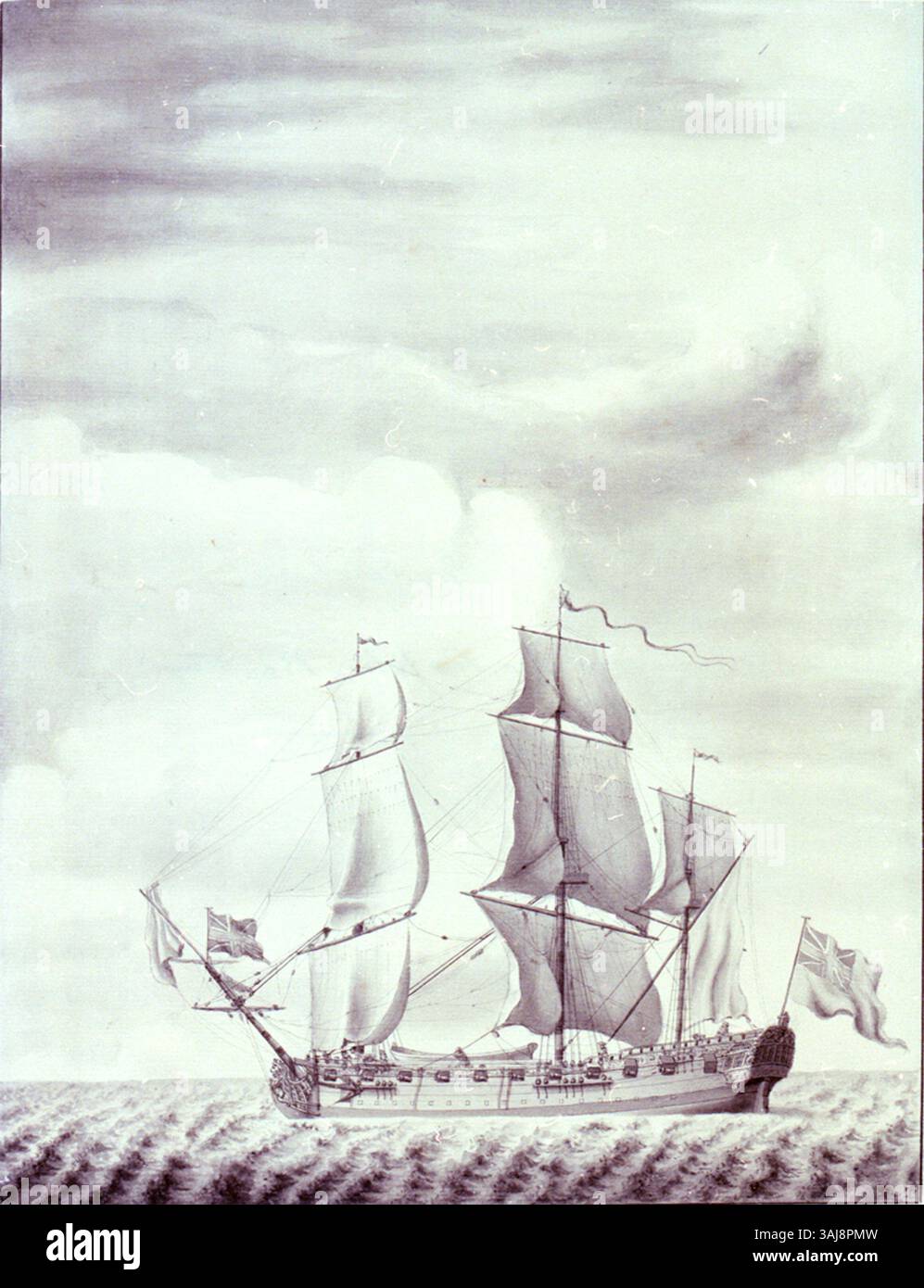 A drawing from the 18th century depicting the ship Winchester, commanded by Sir John Bentley. The artwork, created in pen and ink with wash, highlights the ship’s design and Bentley’s role as its commander. This naval portrait is a significant historical representation of British naval history during the 1700s. Stock Photo