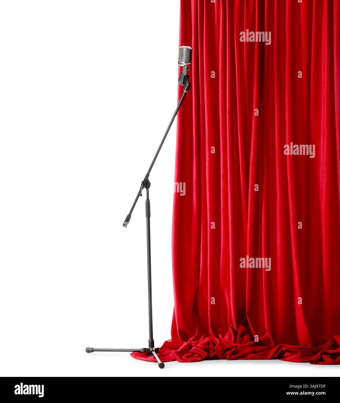 Red curtain with microphone on white background Stock Photo - Alamy