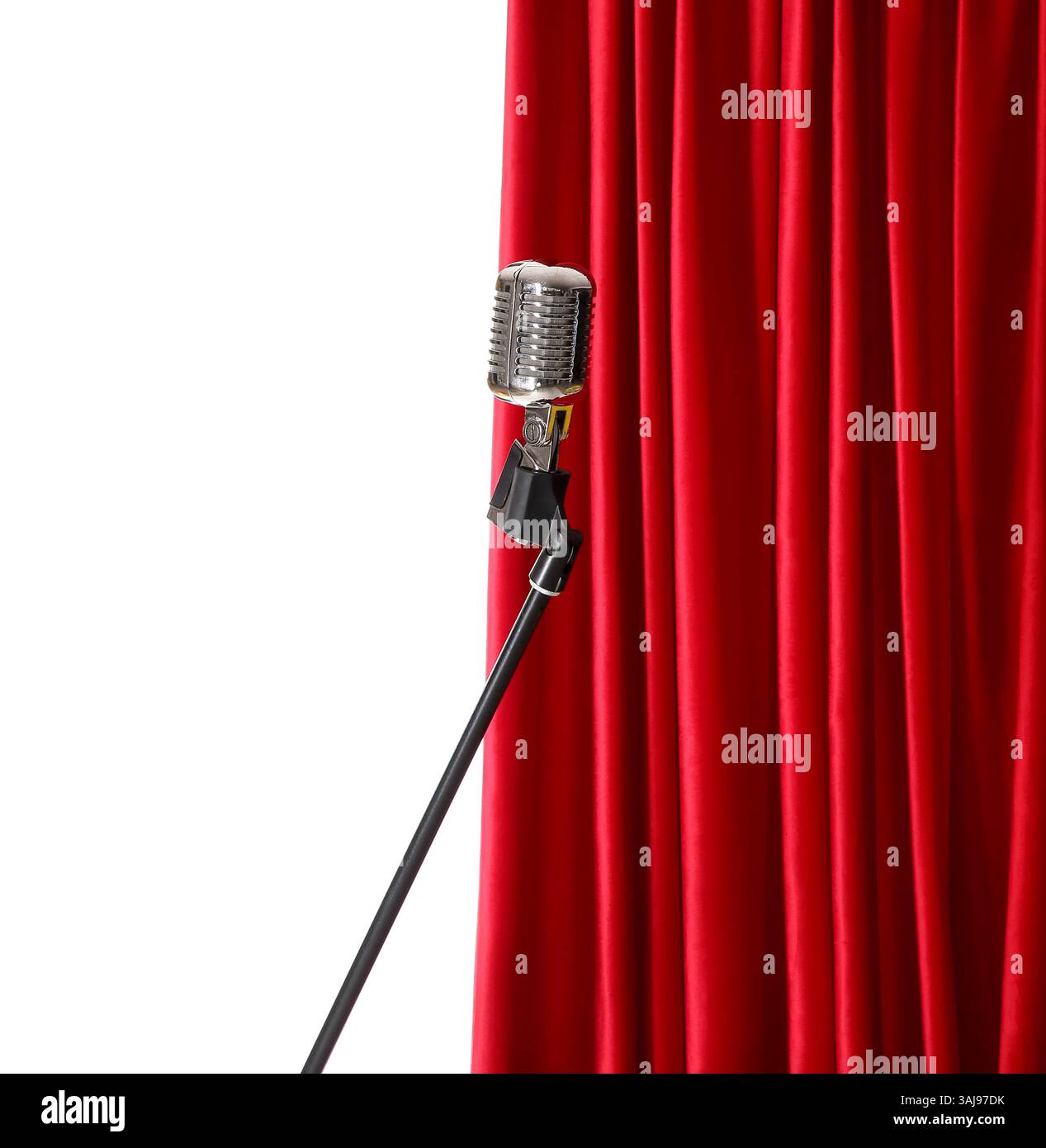 Red curtain with microphone on white background Stock Photo - Alamy