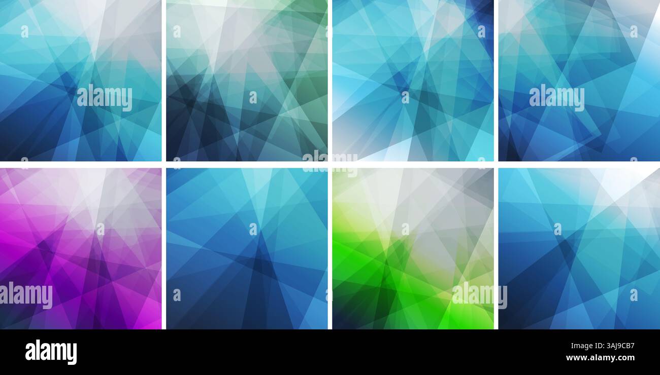 Variously Colored Set of 3D Modern Style Triangle Shaped Translucent Overlaying Geometric Shapes Patterns with Broken Glass Effect - Abstract Futurist Stock Vector