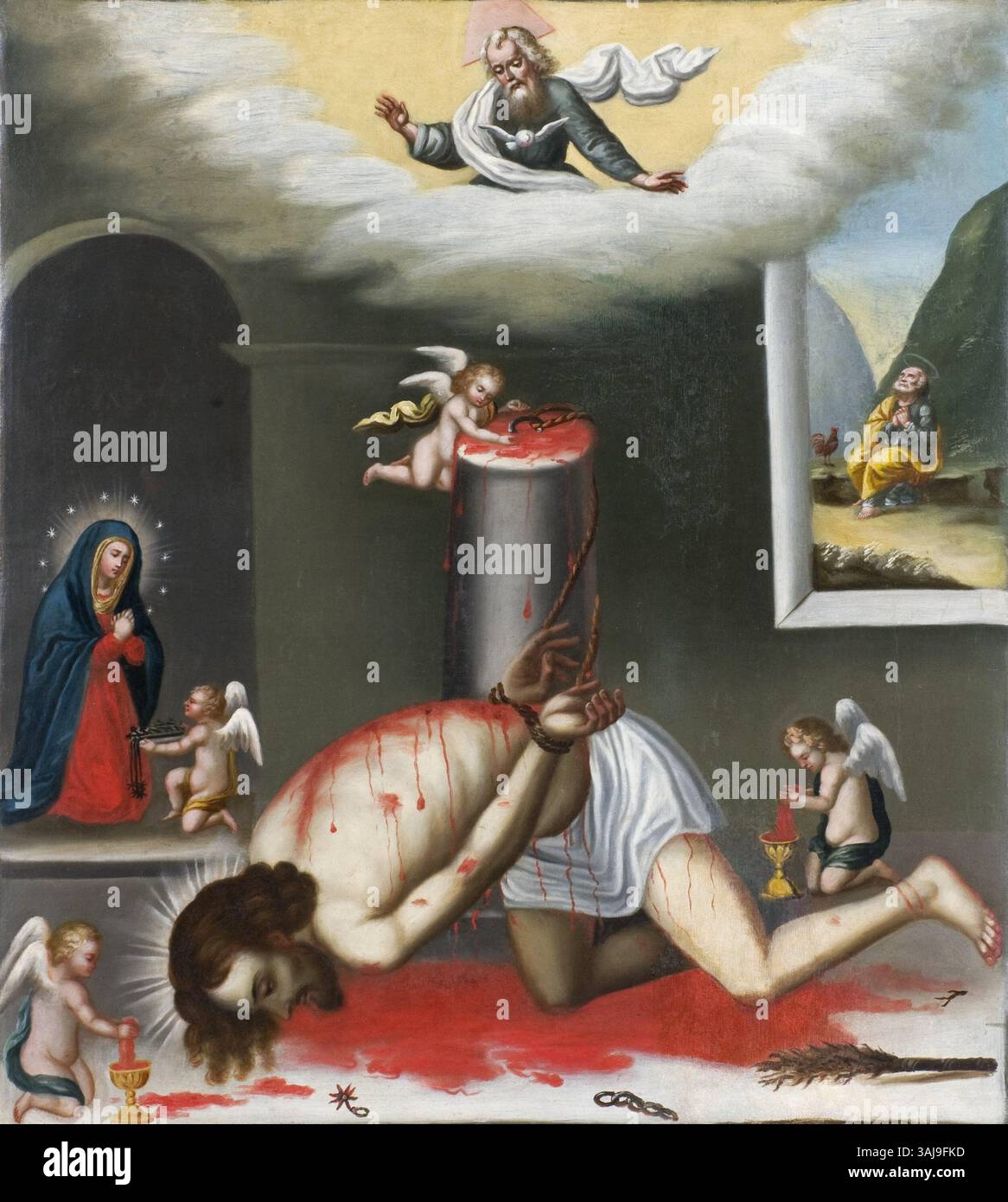 A painting from the 1740-1760 period, attributed to a follower of Miguel de Santiago, shows Christ at the whipping-post. The oil on canvas work reflects the intense religious themes of 18th-century Spain, emphasizing suffering and sacrifice. Stock Photo