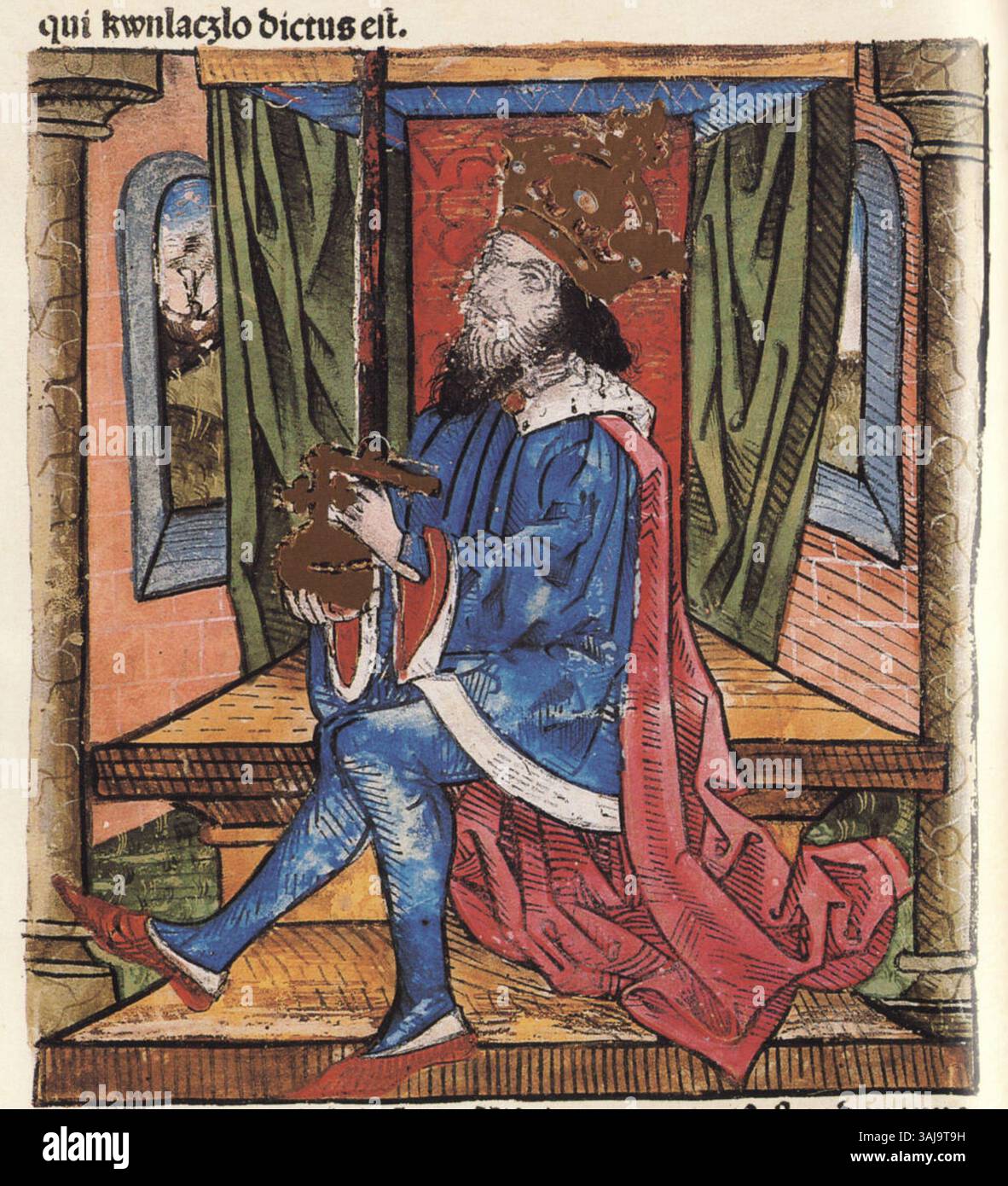 This section of the 'Chronica Hungarorum' by Johannes Thuróczy discusses King Ladislaus IV of Hungary, known as Ladislaus the Cuman, who ruled in the late 13th century. The manuscript details his reign and the challenges he faced during his time as king of Hungary. Stock Photo