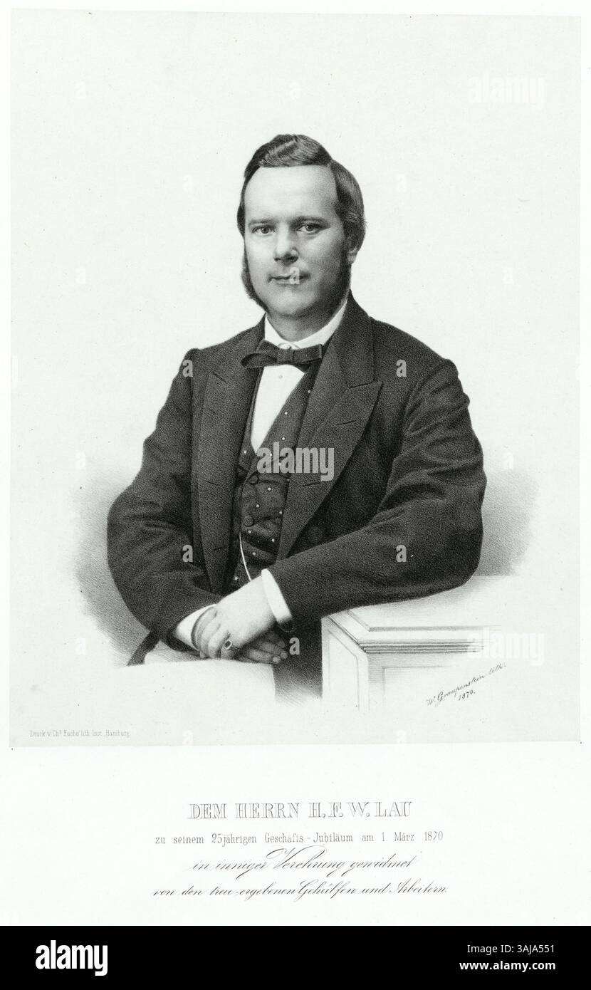 Graupenstein’s 1870 lithograph of H.F.W. Lau captures a historical figure in fine detail, showcasing the precision of 19th-century lithographic art. Stock Photo