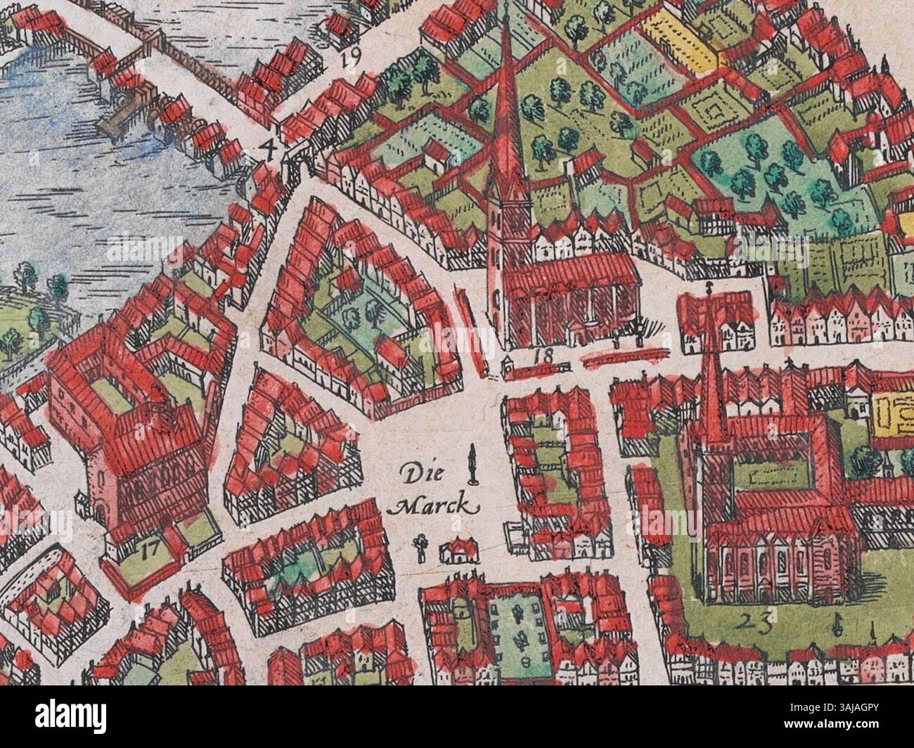 A 1594 city view engraving by Georg Braun, showing the location of the Berg-Market ('Die Marck') in Hamburg. The map provides a historical perspective of the area. Stock Photo
