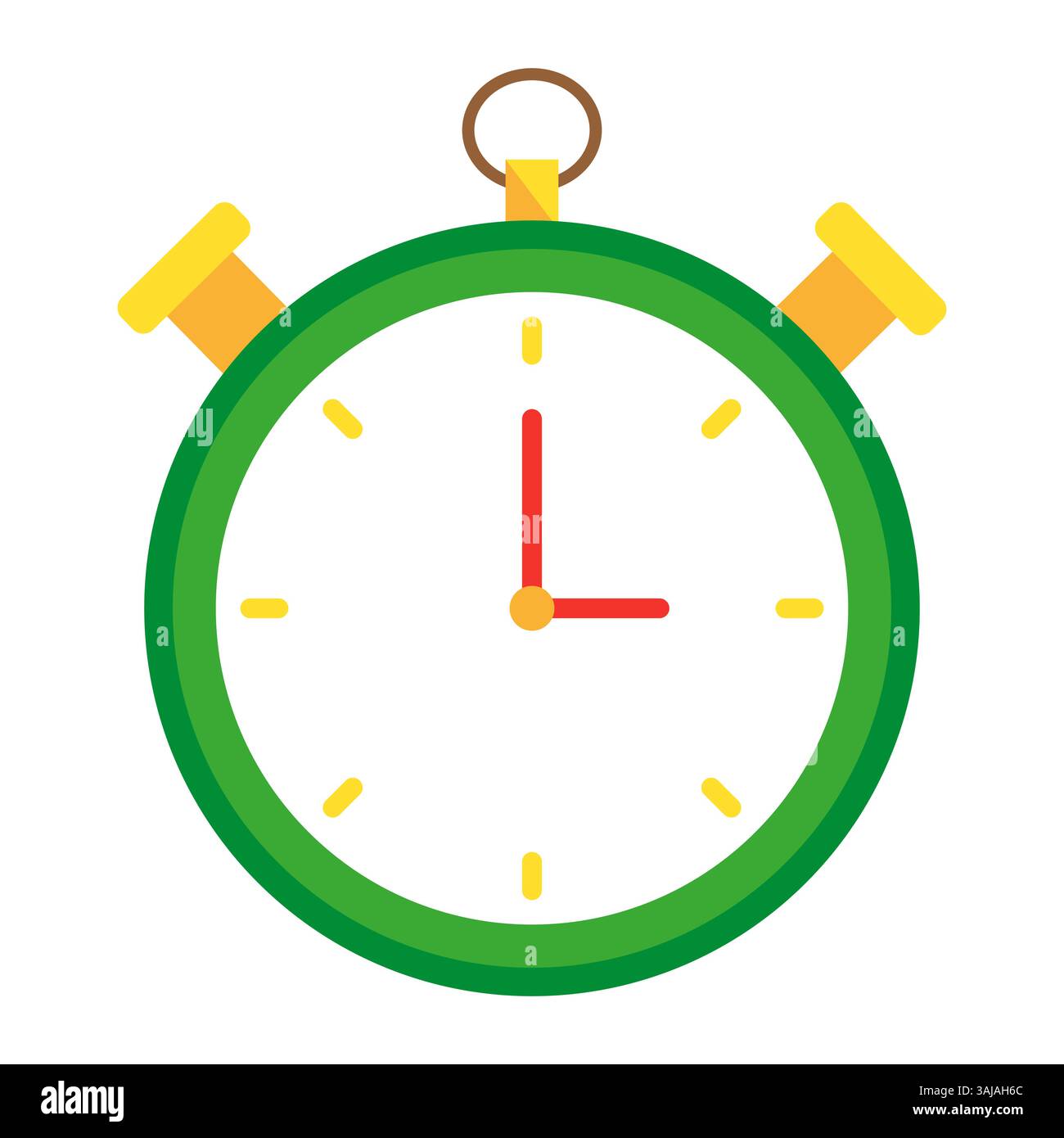 Stopwatch icon. Time tracking tool. Round green frame. Red yellow hands. Stock Vector