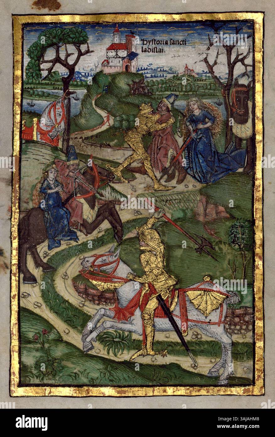 In this depiction from the 'Thuróczy Chronicle' (1488), King Saint Ladislaus of Hungary chases a Cuman warrior who has kidnapped a girl. The painting shows two scenes: the king in pursuit and battling the Cuman warrior. This image symbolizes Christianity's victory over paganism, linked to the Battle of Kerlés in 1068 and the legend of Saint Ladislaus. Stock Photo
