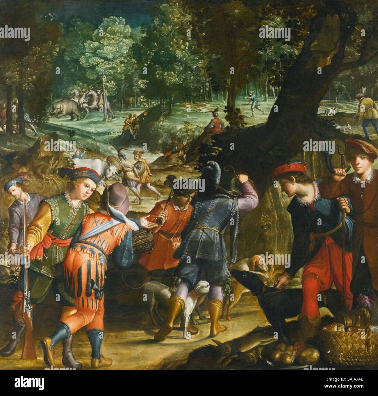 Hunting Renaissance Scene Stradanus' painting Extensive Landscape with an Elephant Hunt depicts a ...