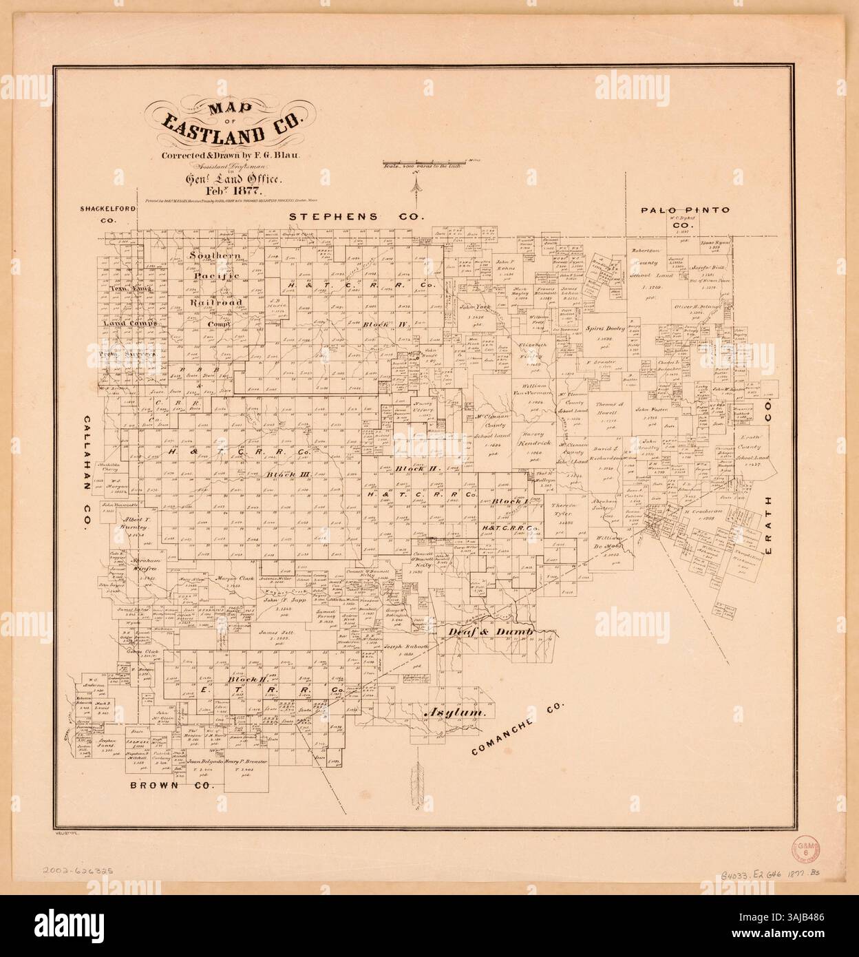 Cadastral map of Eastland County, Texas, from 1877, showing land ...