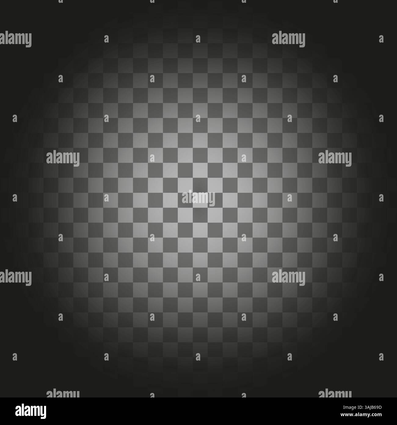Centered light shape. Dark round gradient. Transparent vector glow. Checker pattern overlay. Stock Vector