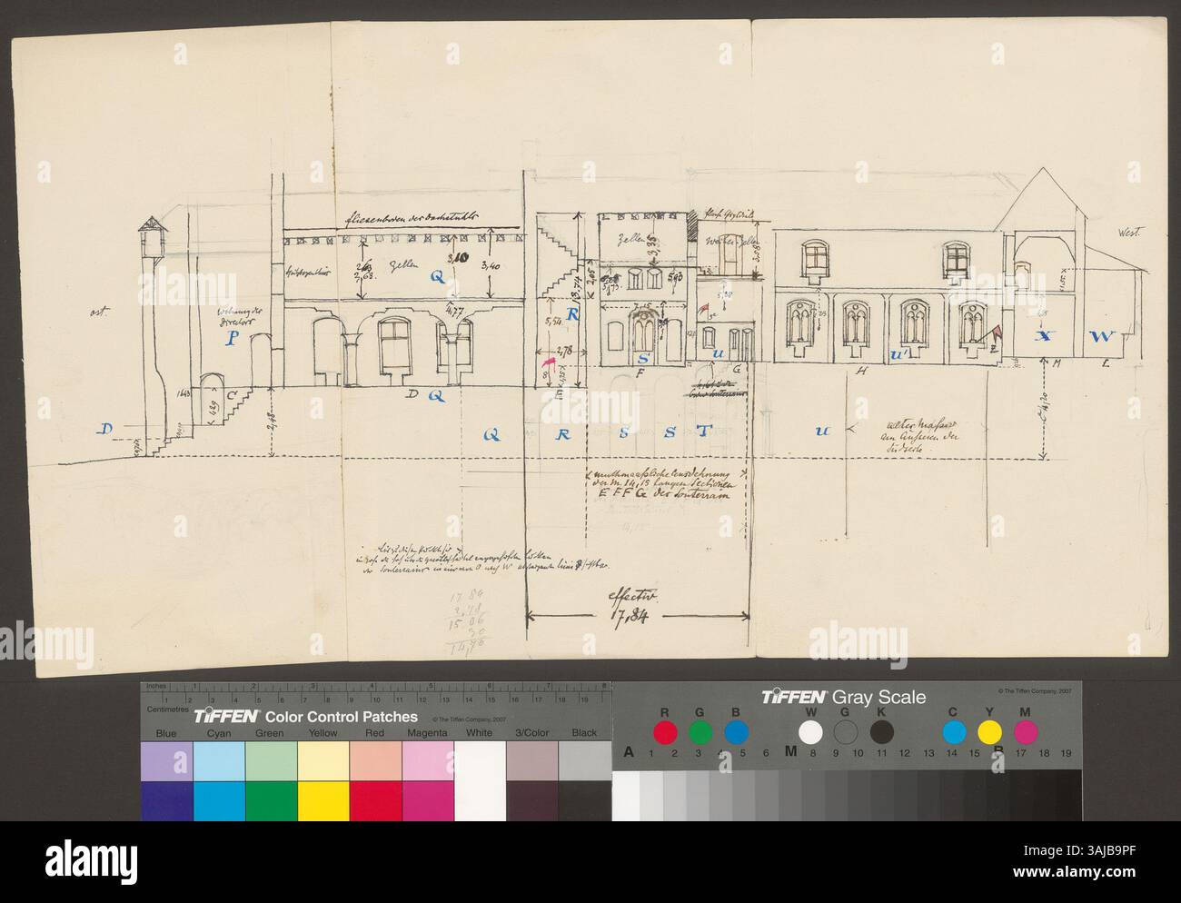 This print illustrates a cross-section through a building, providing ...