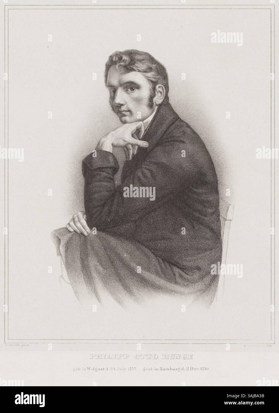 Lithograph portrait of Philipp Otto Runge, created by Otto Speckter. This 19th-century piece captures Runge in a formal style, reflecting his significance in German Romanticism, housed at the Hamburg State and University Library. Stock Photo
