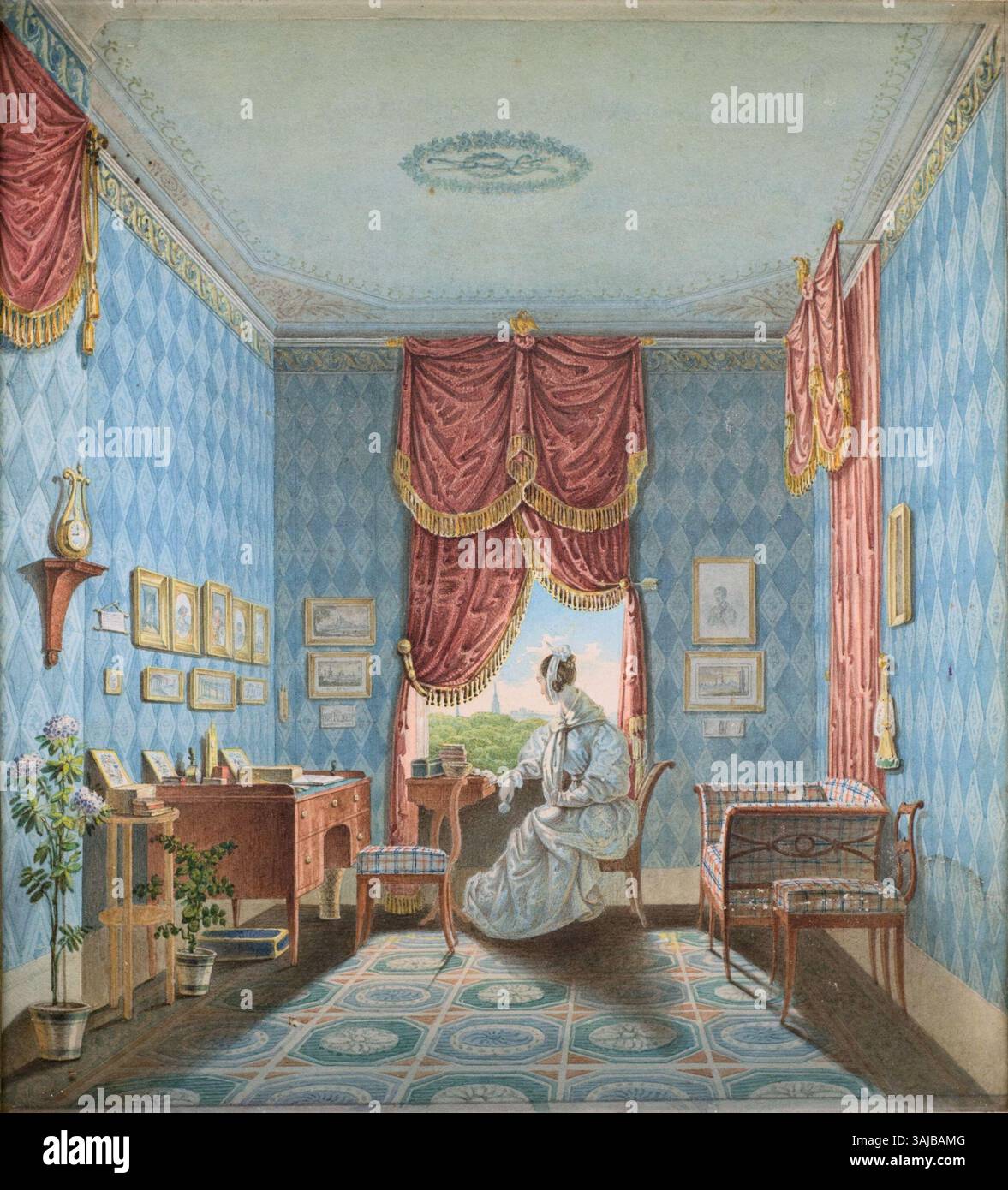 A watercolor from circa 1832 depicting an interior in Biedermeier style ...