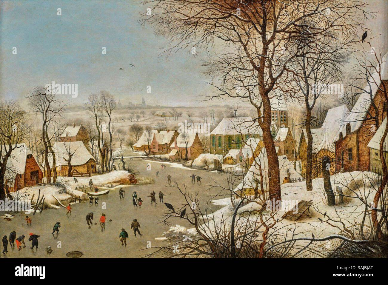 Winter landscape with skaters and a bird trap hi-res stock